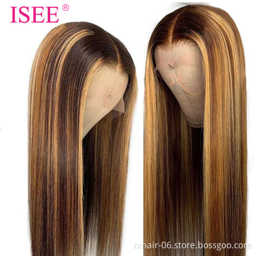 Factory Price Human Hair Wigs With Lace Frontal Pre Colored Highlight Wig,Custom Honey Brown Colored Ombre Human Hair Wigs